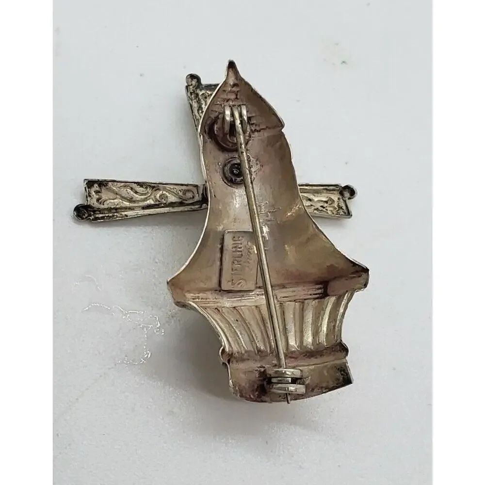 Vintage Brooch Figural 3-D Windmill Moves Spins Sterling Silver Holland Lang